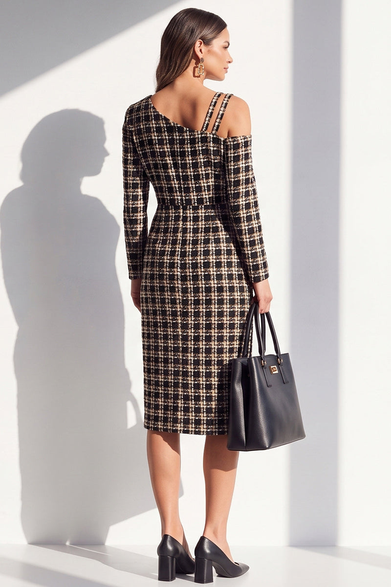 Load image into Gallery viewer, Navy Plaid Bodycon Asymmetrical Neck Midi Work Dress with Sleeves