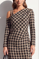 Load image into Gallery viewer, Navy Plaid Bodycon Asymmetrical Neck Midi Work Dress with Sleeves