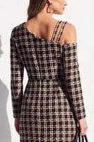 Load image into Gallery viewer, Navy Plaid Bodycon Asymmetrical Neck Midi Work Dress with Sleeves