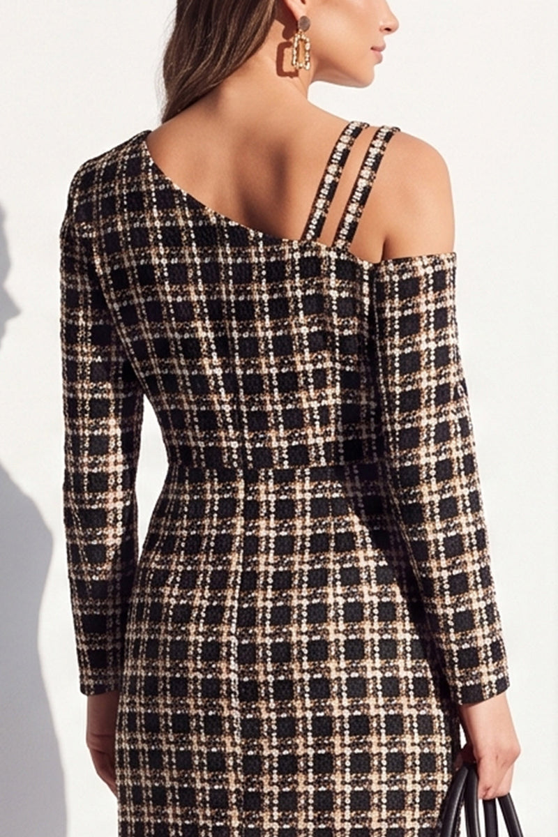 Load image into Gallery viewer, Navy Plaid Bodycon Asymmetrical Neck Midi Work Dress with Sleeves