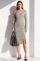 Load image into Gallery viewer, Navy Plaid Bodycon Asymmetrical Neck Midi Work Dress with Sleeves