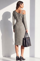 Load image into Gallery viewer, Navy Plaid Bodycon Asymmetrical Neck Midi Work Dress with Sleeves