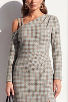 Load image into Gallery viewer, Navy Plaid Bodycon Asymmetrical Neck Midi Work Dress with Sleeves