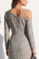 Load image into Gallery viewer, Navy Plaid Bodycon Asymmetrical Neck Midi Work Dress with Sleeves