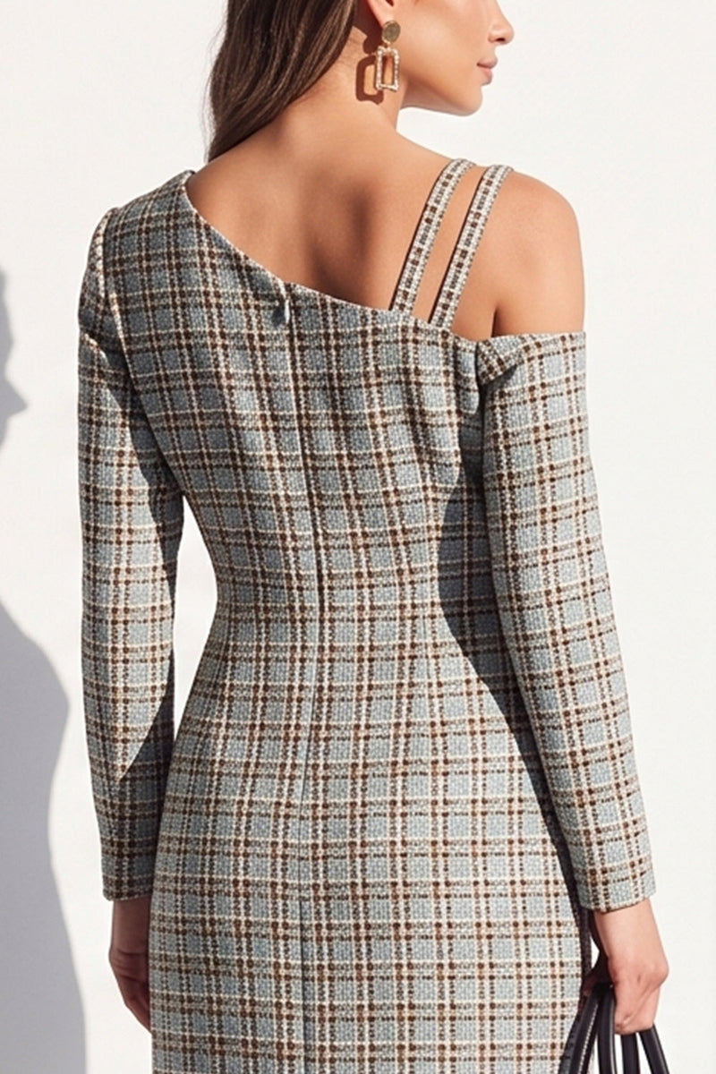 Load image into Gallery viewer, Navy Plaid Bodycon Asymmetrical Neck Midi Work Dress with Sleeves