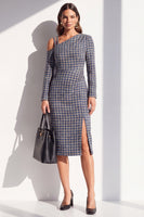 Load image into Gallery viewer, Navy Plaid Bodycon Asymmetrical Neck Midi Work Dress with Sleeves