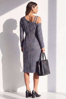 Navy Plaid Bodycon Asymmetrical Neck Midi Work Dress with Sleeves
