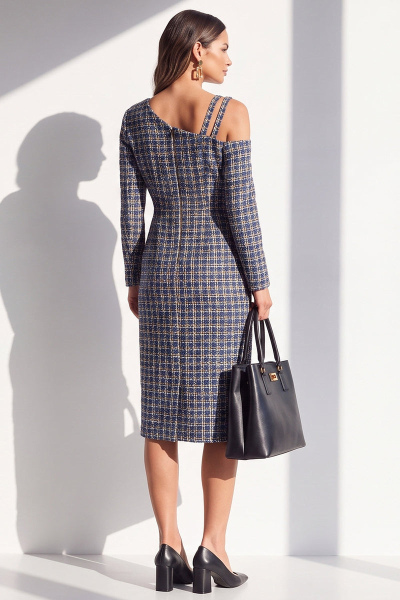 Load image into Gallery viewer, Navy Plaid Bodycon Asymmetrical Neck Midi Work Dress with Sleeves