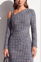Load image into Gallery viewer, Navy Plaid Bodycon Asymmetrical Neck Midi Work Dress with Sleeves
