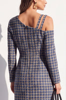 Load image into Gallery viewer, Navy Plaid Bodycon Asymmetrical Neck Midi Work Dress with Sleeves