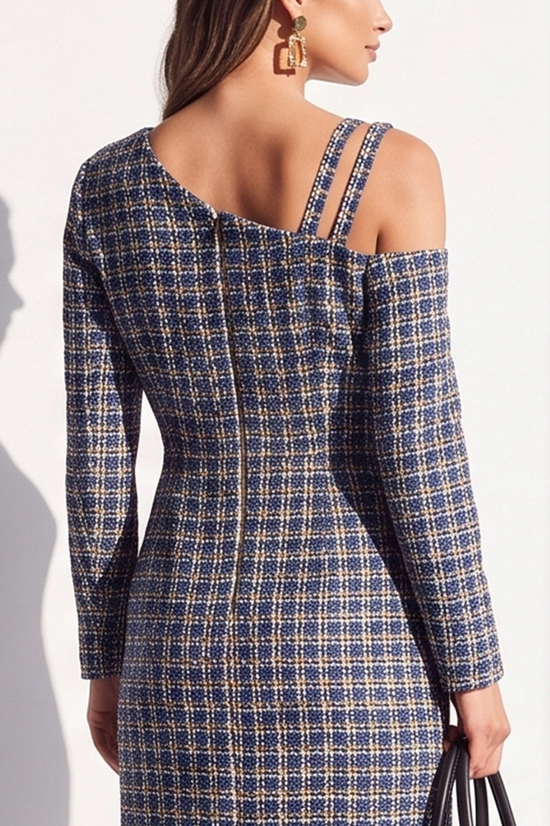 Load image into Gallery viewer, Navy Plaid Bodycon Asymmetrical Neck Midi Work Dress with Sleeves
