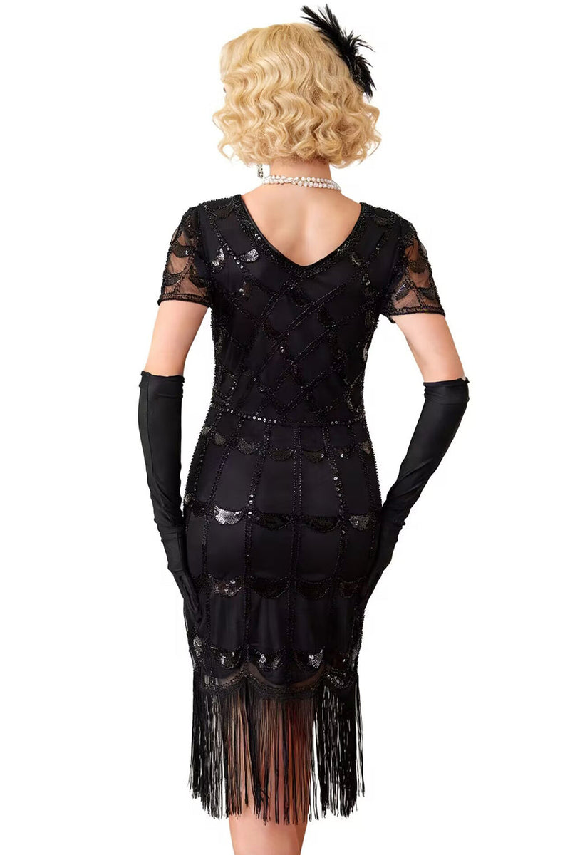 Load image into Gallery viewer, Sparkly Black Red Sequin Beaded 1920s Dress with Fringes
