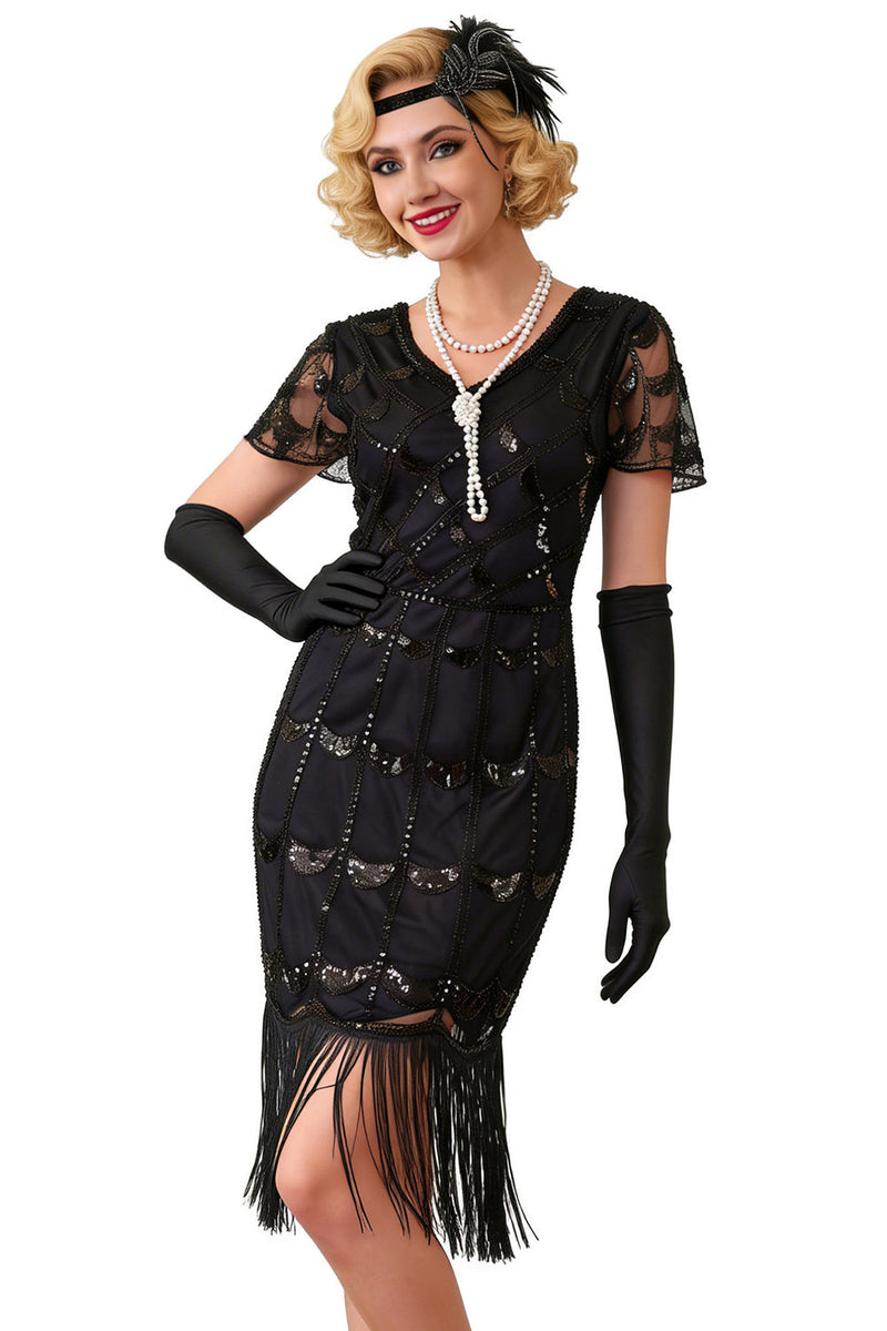 Load image into Gallery viewer, Sparkly Black Red Sequin Beaded 1920s Dress with Fringes
