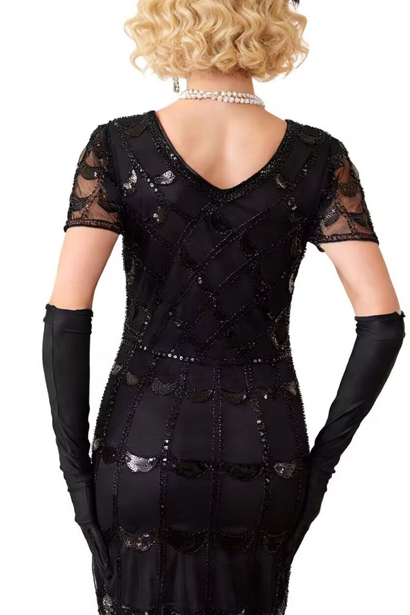 Load image into Gallery viewer, Sparkly Black Red Sequin Beaded 1920s Dress with Fringes