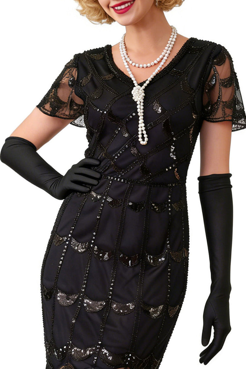 Load image into Gallery viewer, Sparkly Black Red Sequin Beaded 1920s Dress with Fringes