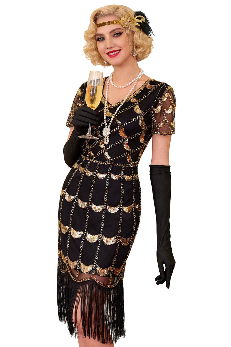 Load image into Gallery viewer, Sparkly Black Red Sequin Beaded 1920s Dress with Fringes