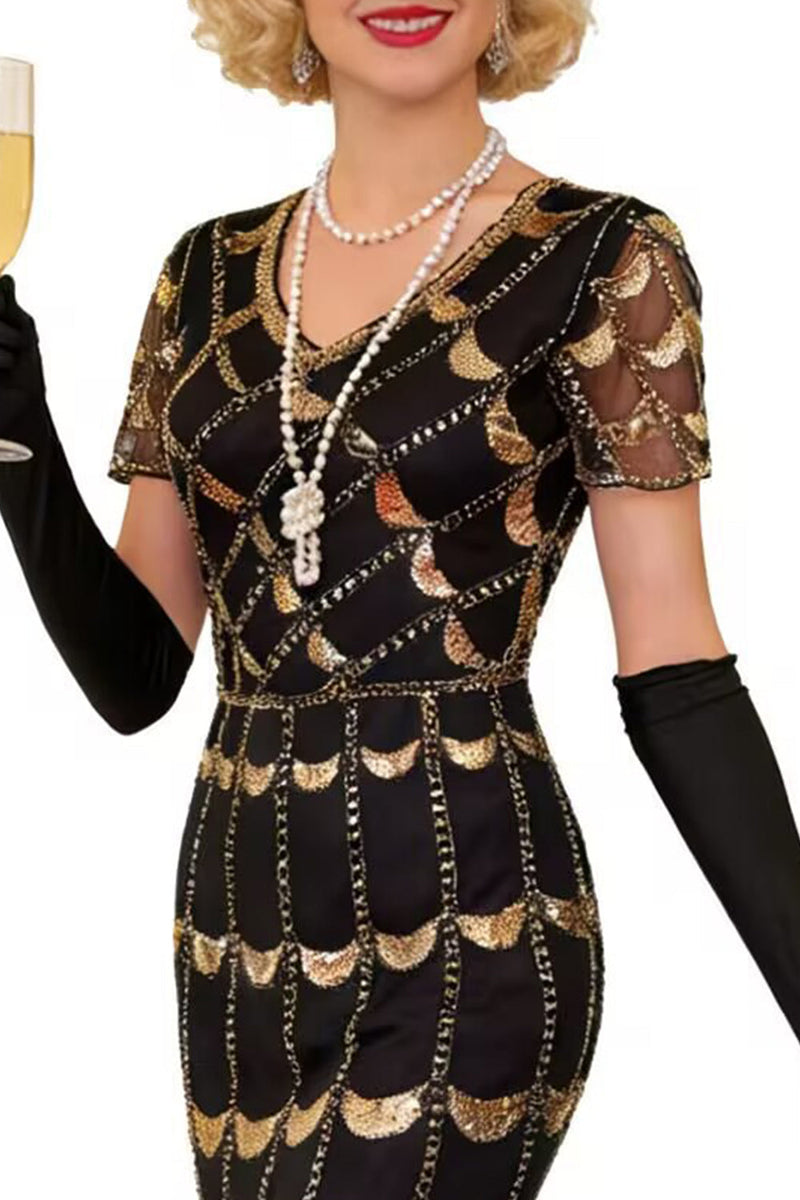 Load image into Gallery viewer, Sparkly Black Red Sequin Beaded 1920s Dress with Fringes