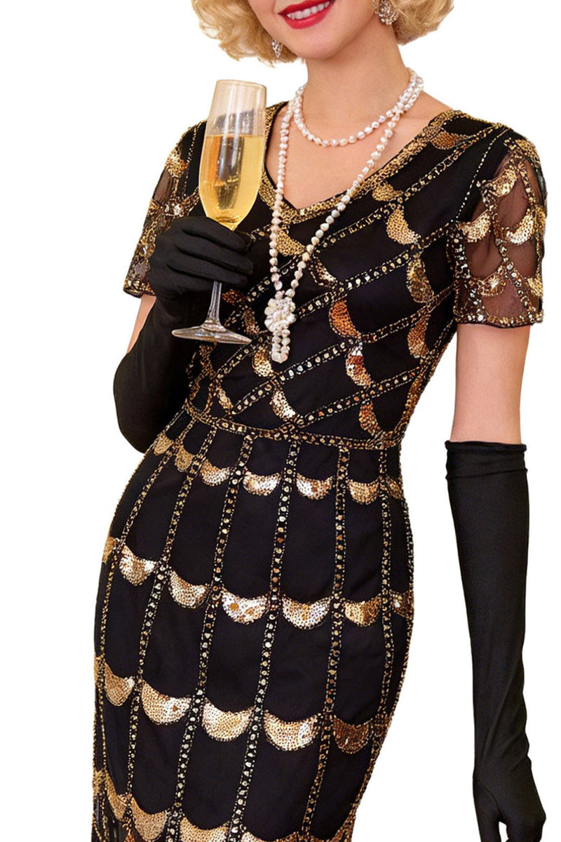 Load image into Gallery viewer, Sparkly Black Red Sequin Beaded 1920s Dress with Fringes