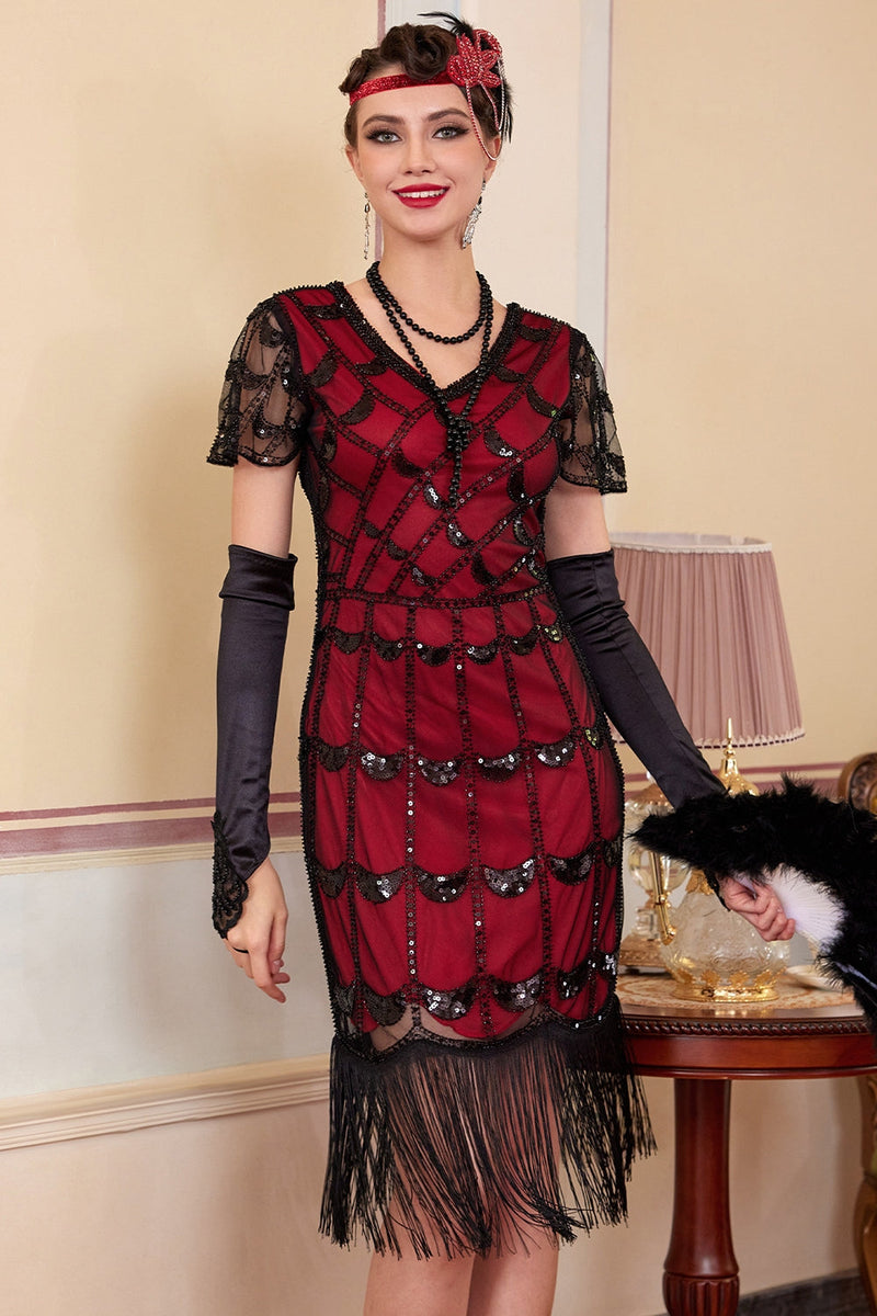 Load image into Gallery viewer, Sparkly Black Red Sequin Beaded 1920s Dress with Fringes