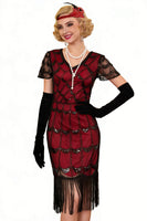 Load image into Gallery viewer, Sparkly Black Red Sequin Beaded 1920s Dress with Fringes
