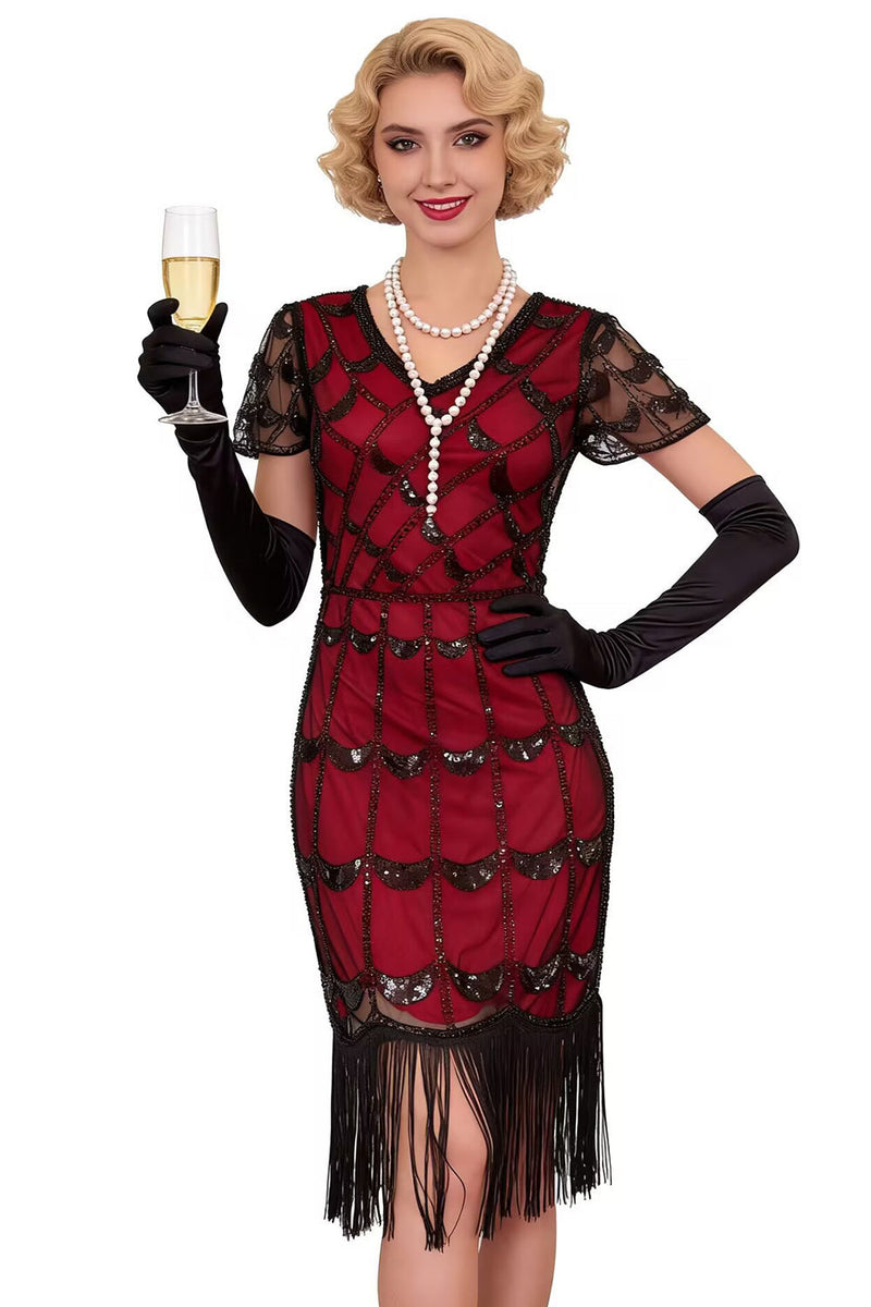 Load image into Gallery viewer, Sparkly Black Red Sequin Beaded 1920s Dress with Fringes