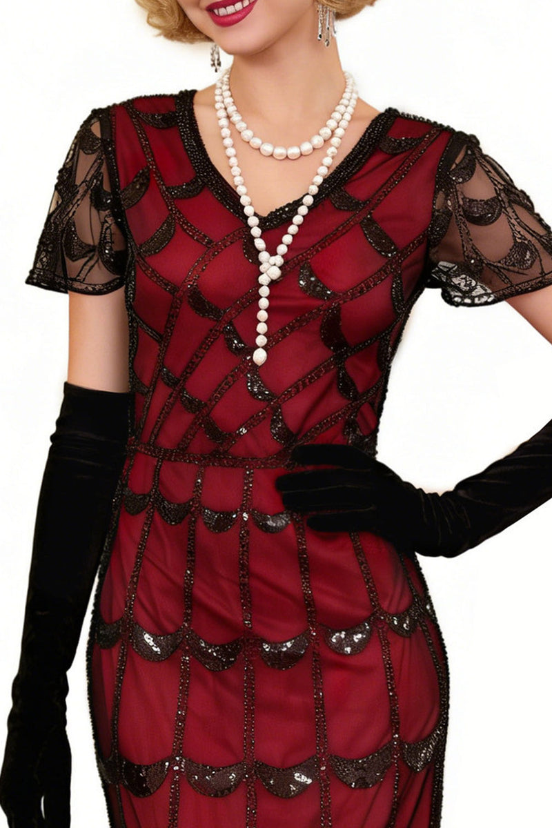 Load image into Gallery viewer, Sparkly Black Red Sequin Beaded 1920s Dress with Fringes