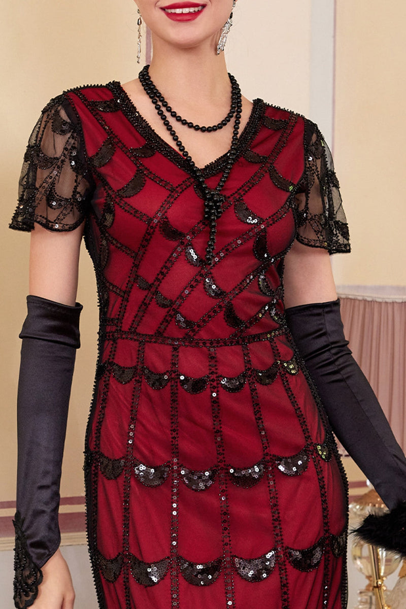 Load image into Gallery viewer, Sparkly Black Red Sequin Beaded 1920s Dress with Fringes