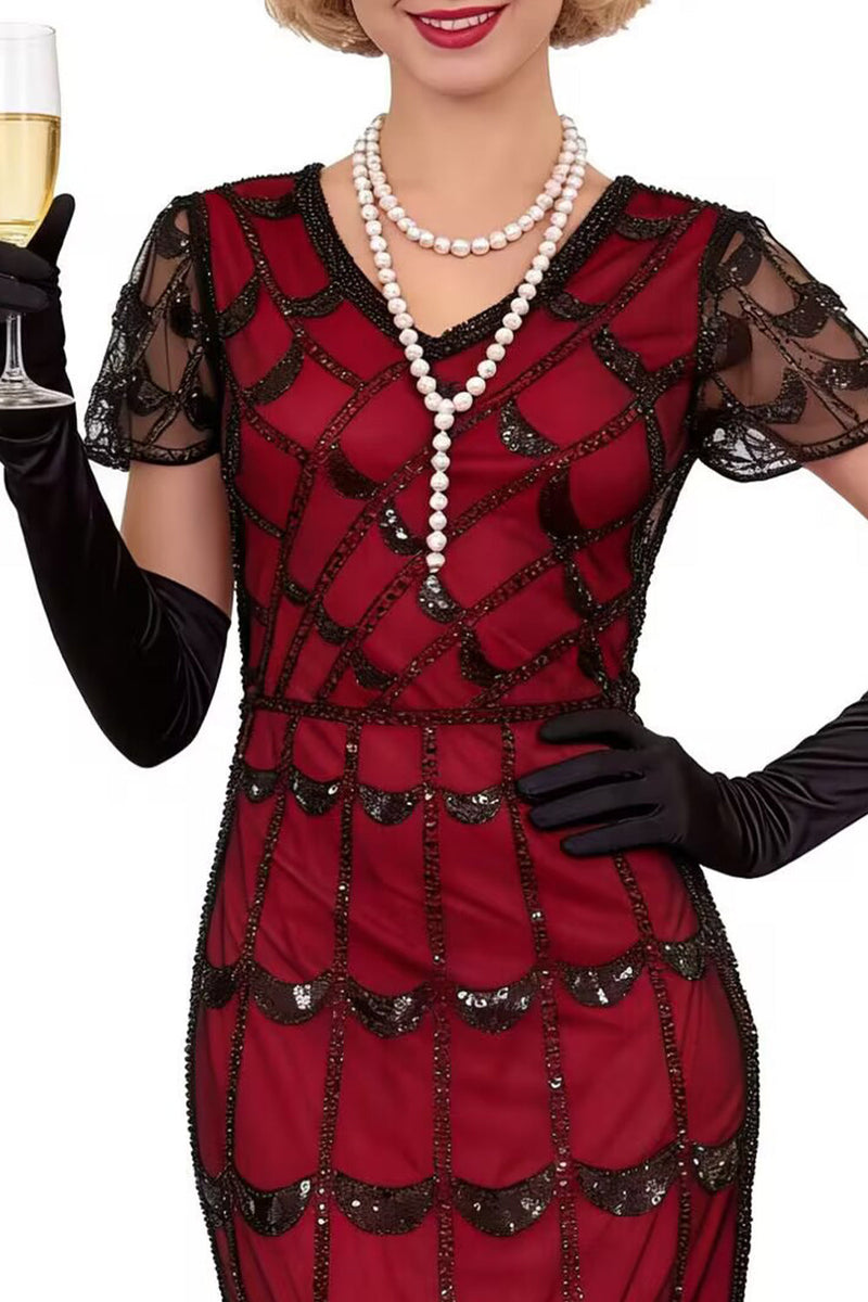 Load image into Gallery viewer, Sparkly Black Red Sequin Beaded 1920s Dress with Fringes