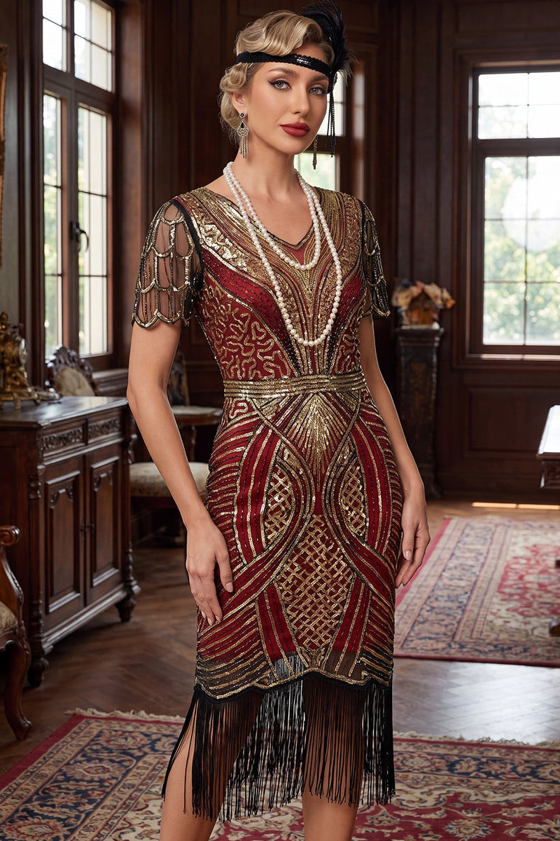 Load image into Gallery viewer, Sparkly Red Golden Golden Bodycon 1920s Dress with Fringes