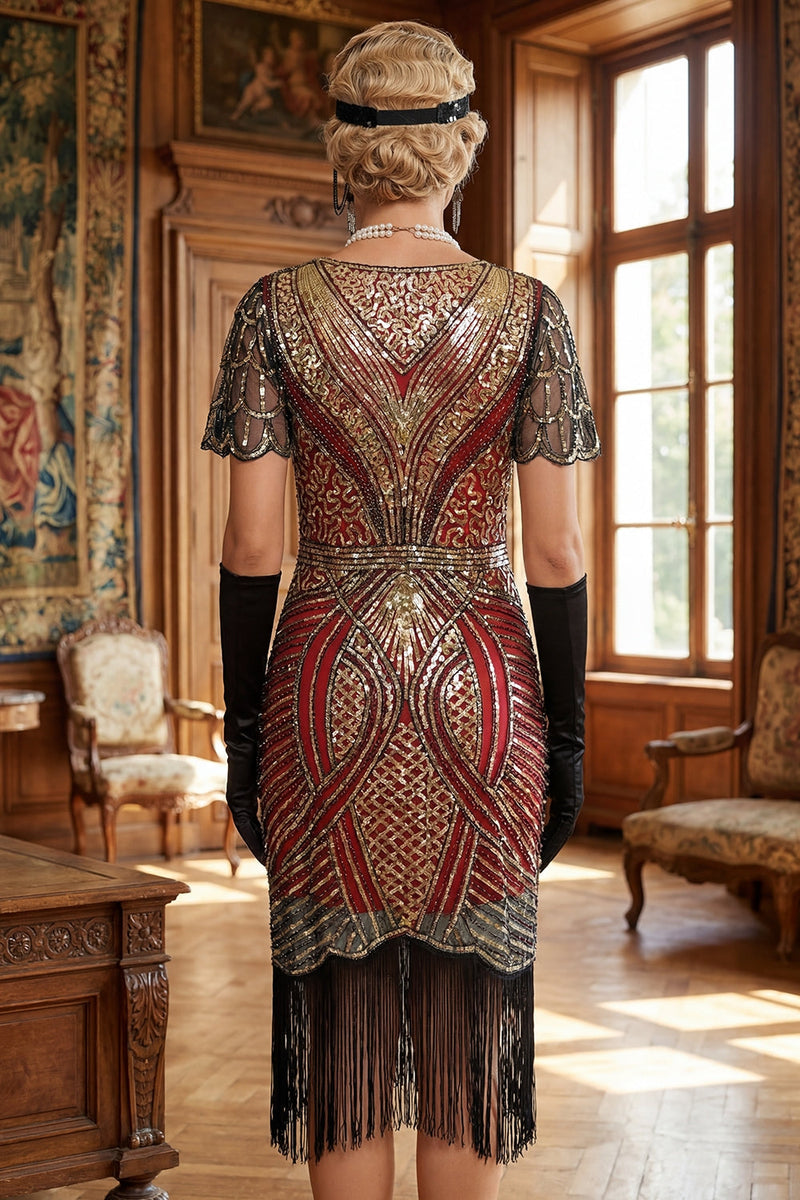 Load image into Gallery viewer, Sparkly Red Golden Golden Bodycon 1920s Dress with Fringes
