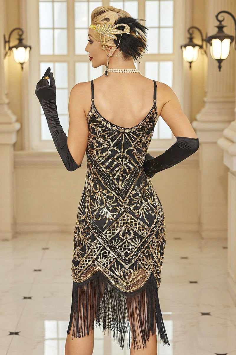 Load image into Gallery viewer, Sparkly Spaghetti Straps Black Red 1920s Dress