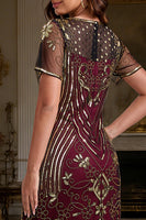 Load image into Gallery viewer, Burgundy Sparkly Sequin Scoop Neck Fringed 1920s Dress
