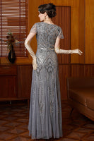 Load image into Gallery viewer, Grey Sparkly Sequin Sheath Scoop Neck Long 1920s Dress