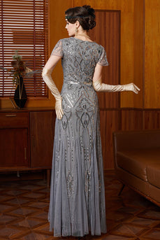 Grey Sparkly Sequin Sheath Scoop Neck Long 1920s Dress