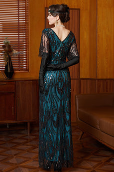 Black Blue Sparkly Sequin V Neck Long 1920s Dress
