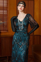 Load image into Gallery viewer, Black Blue Sparkly Sequin V Neck Long 1920s Dress