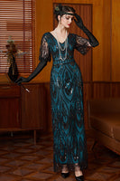 Load image into Gallery viewer, Black Blue Sparkly Sequin V Neck Long 1920s Dress