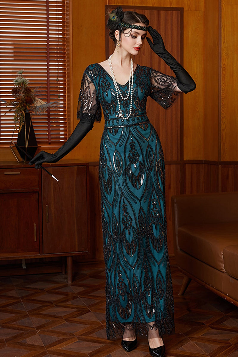 Load image into Gallery viewer, Black Blue Sparkly Sequin V Neck Long 1920s Dress