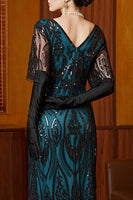 Load image into Gallery viewer, Black Blue Sparkly Sequin V Neck Long 1920s Dress
