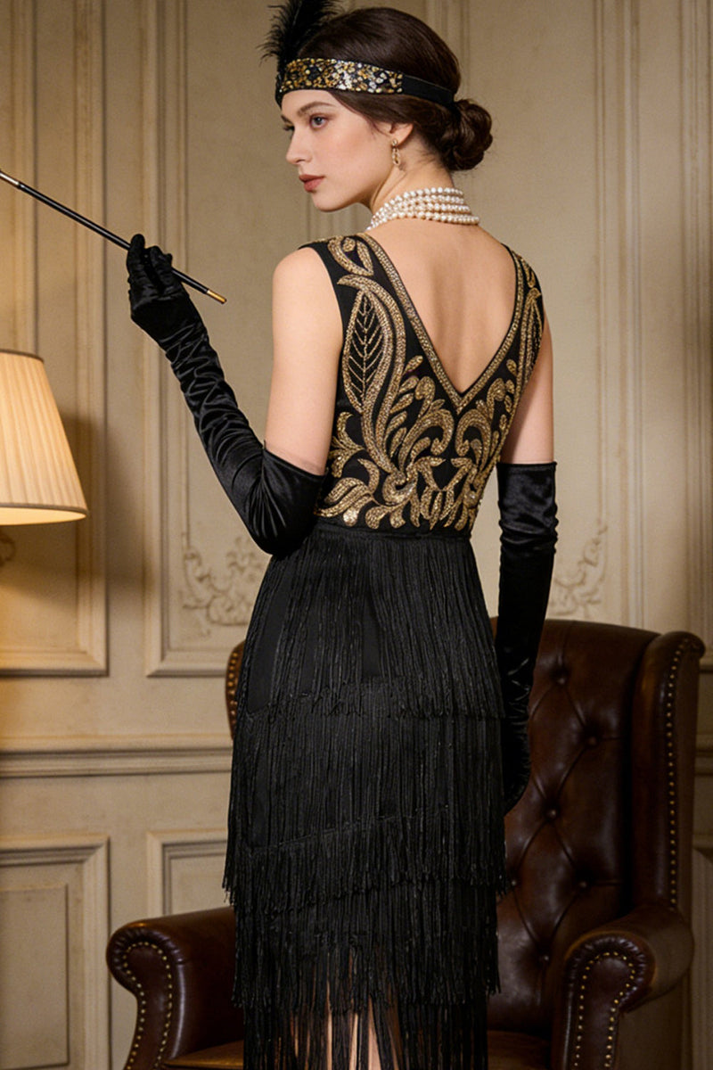Load image into Gallery viewer, Black Golden Fringed Sparkly Sequin 1920s Dress