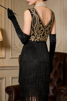 Load image into Gallery viewer, Black Golden Fringed Sparkly Sequin 1920s Dress