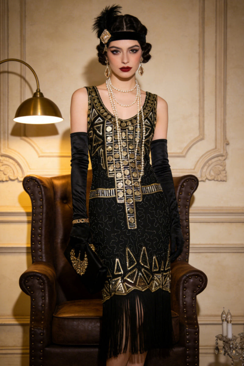 Load image into Gallery viewer, Sparkly Black Golden Scoop Neck Sequin 1920s Dress