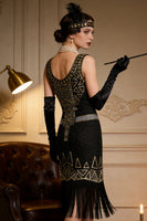 Load image into Gallery viewer, Sparkly Black Golden Scoop Neck Sequin 1920s Dress