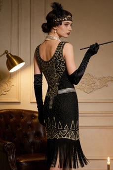 Sparkly Black Golden Scoop Neck Sequin 1920s Dress