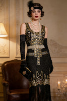 Load image into Gallery viewer, Sparkly Black Golden Scoop Neck Sequin 1920s Dress