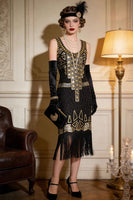 Load image into Gallery viewer, Sparkly Black Golden Scoop Neck Sequin 1920s Dress
