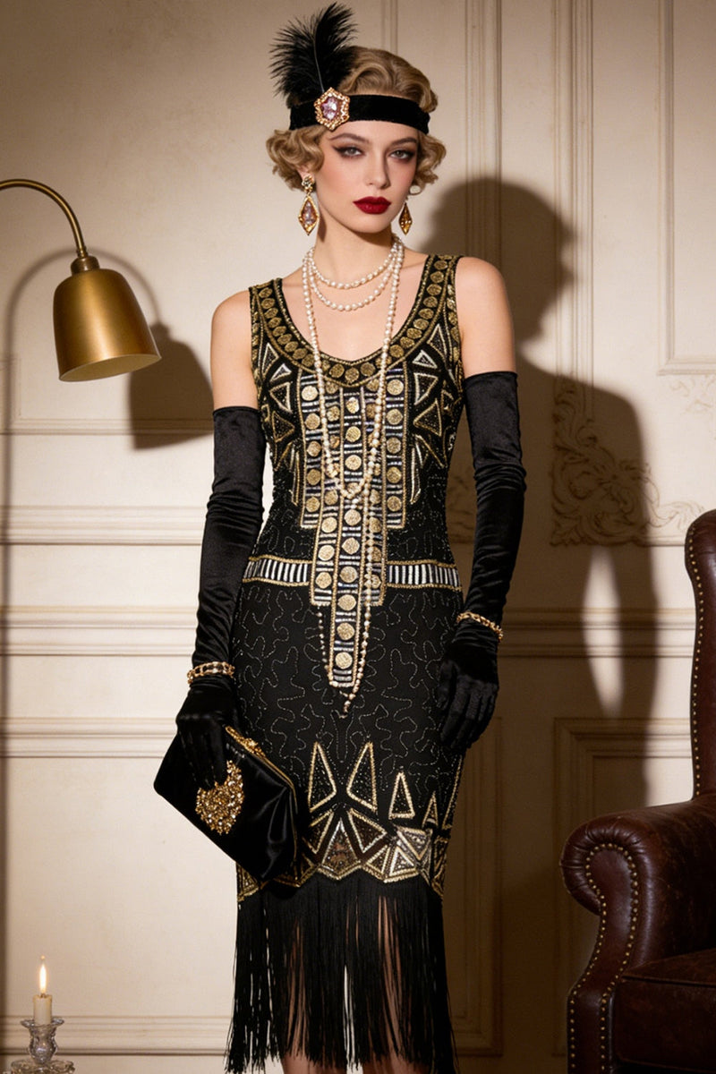 Load image into Gallery viewer, Sparkly Black Golden Scoop Neck Sequin 1920s Dress