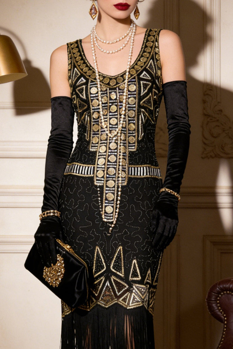 Load image into Gallery viewer, Sparkly Black Golden Scoop Neck Sequin 1920s Dress