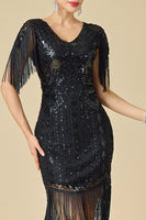 Load image into Gallery viewer, Black Sparkly Fringed Sequin Bodycon 1920s Dress