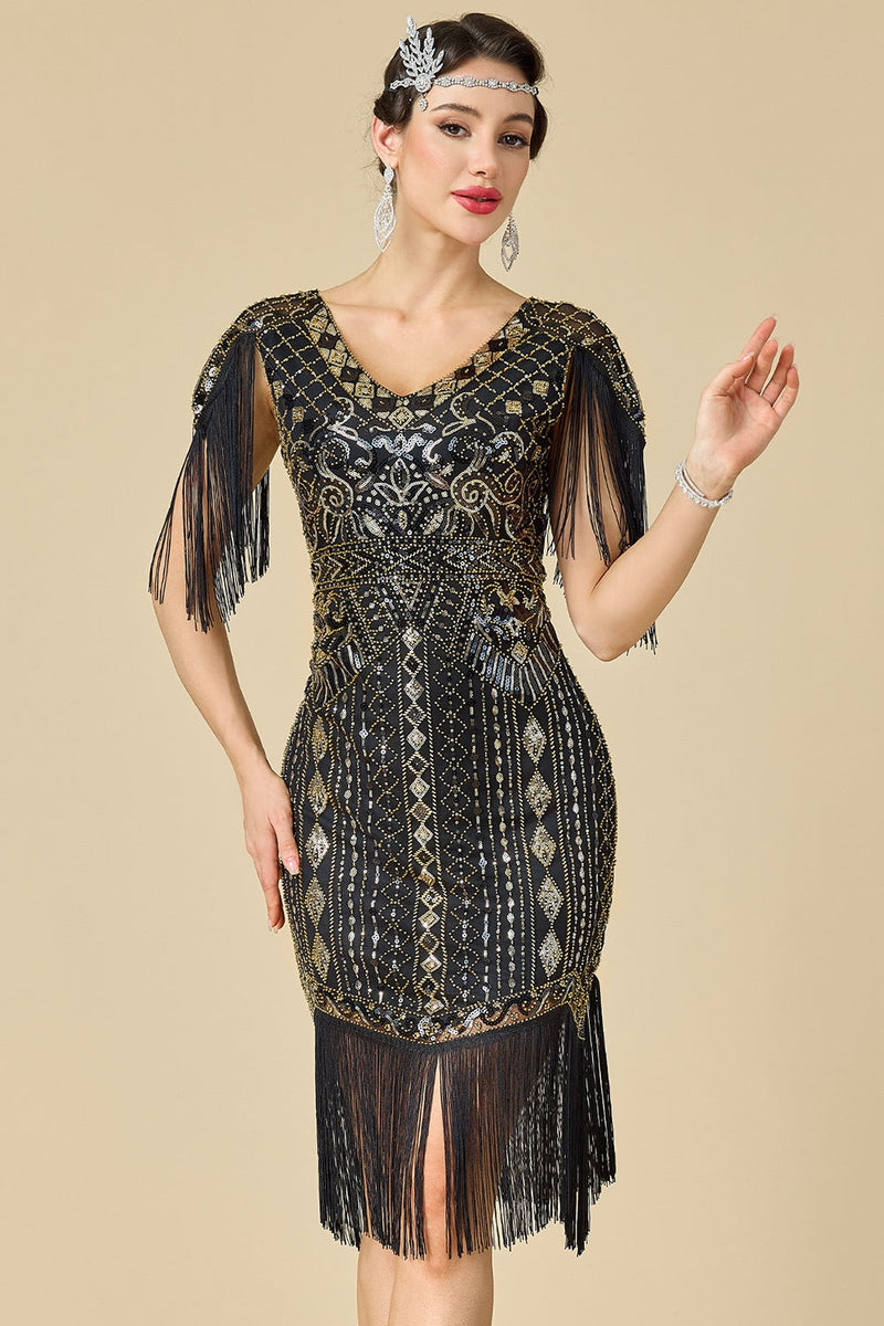 Load image into Gallery viewer, Black Sparkly Fringed Sequin Bodycon 1920s Dress